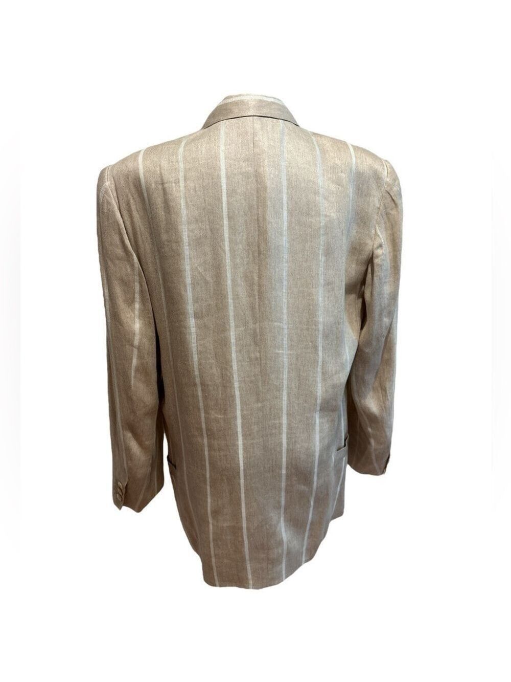 80s TAHARI LINEN NEUTRAL & WHITE STRIPE BOXY ONE BUTTON BLAZER QUIET LUXURY SZ 8 - Picture 5 of 6